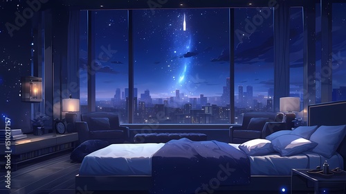 Serene modern bedroom at night, soft city glow, plush bed, couch, desk, bookshelf.