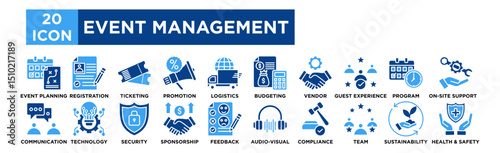 Event management icon collection set. Event Planning, Registration, Ticketing, Promotion, Logistics
