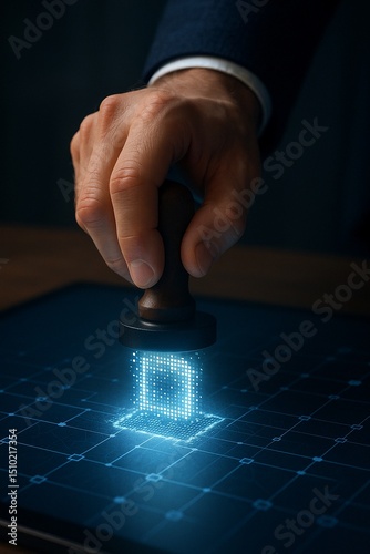Official blockchain verification stamp glowing