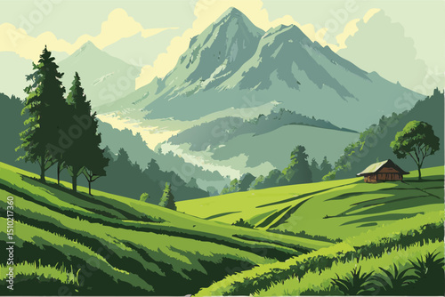 Alpine Mountain Landscape: Scenic Green Valley with Cabin