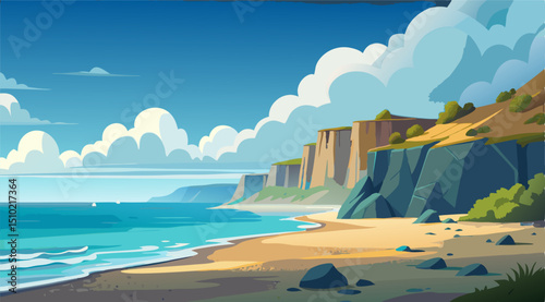 Sunny Beach Scene with Cliffs and Ocean View Cartoon Illustration