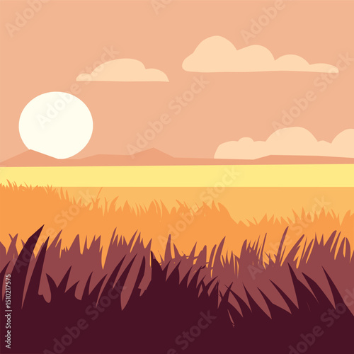 illustration of a scenic sunset over a field with grass and clouds. Warm tones and calm atmosphere in minimalist flat landscape style