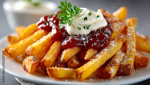 A plate of French fries with ketchup and mayonnaise on a white background