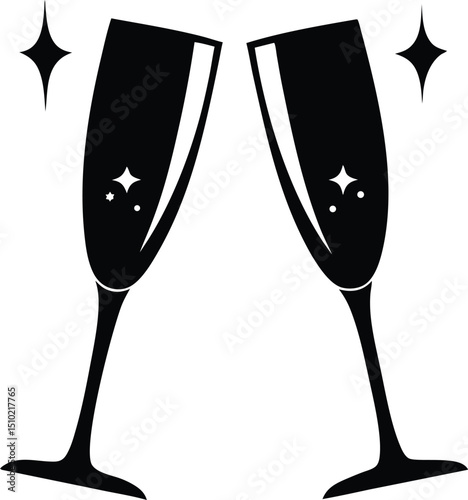 two glasses of champagne vector, Celebratory toast illustration with two wine glasses clinking in minimalist black design