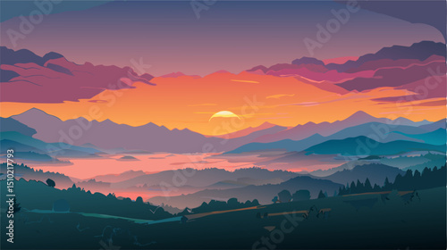 Stunning Sunset over Mountain Range, Colorful Landscape Illustration