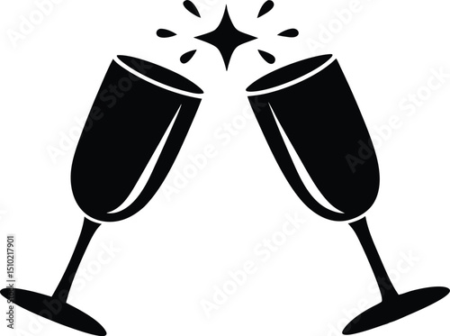 two glasses of champagne vector, Celebratory toast illustration with two wine glasses clinking in minimalist black design