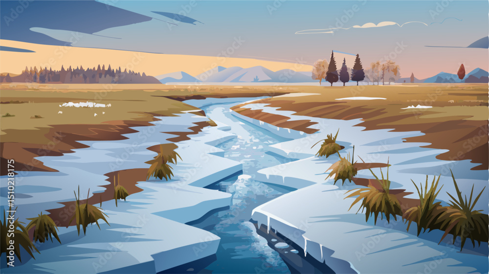 Fototapeta premium Spring Landscape: Melting Snow, River, and Trees