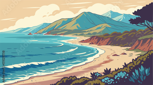 Coastal California Landscape, Beach Scene Illustration