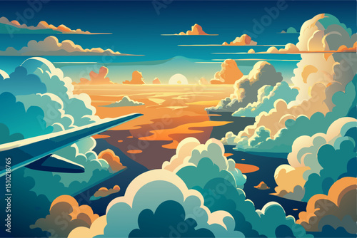 Airplane Wing Above Clouds Sunset View