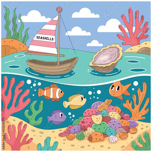 a scene of sea creatures,a ship,and seashells 2.eps