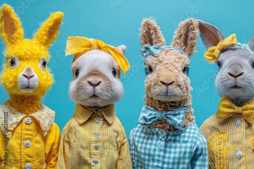 Four stylish easter bunnies in bright outfits photo