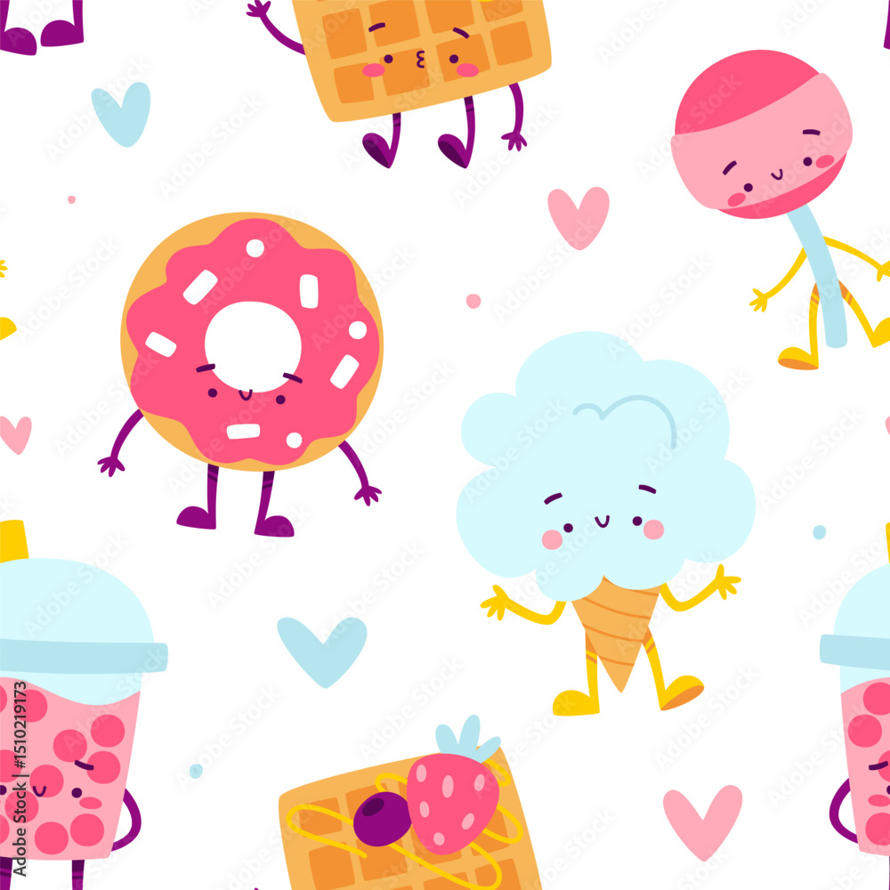 Naklejka premium Cute sweets character pattern. Seamless vector print with dessert food for kids.