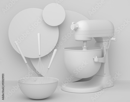 Abstract scene or podium with blender and kitchen utensil on monochrome.