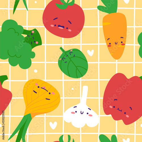 Cute vegetables pattern. Doodle seamless print with adorable veggies.