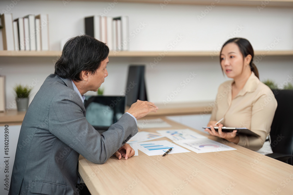Professional Discussion and Strategy Planning. Business partners engaging in a meeting about financial goals. Professional Discussion and Strategy Planning. Business partners engaging in a meeting about financial goals.