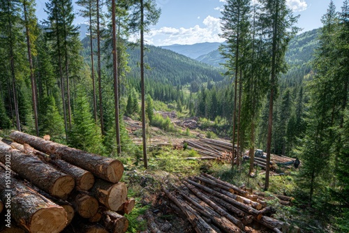Deforestation in a forest with logs and cut trees