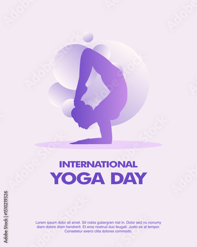 Yoga Day poster showing woman doing headstand with curved legs. Purple minimalist design perfect for yoga events, fitness, balance, and strength themes.