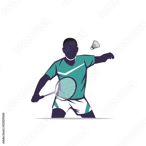 Badminton Player in Action Silhouette with racket and Shuttlecock