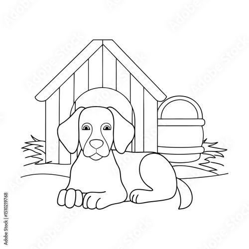 Adorable puppy line art near dog house and barrel