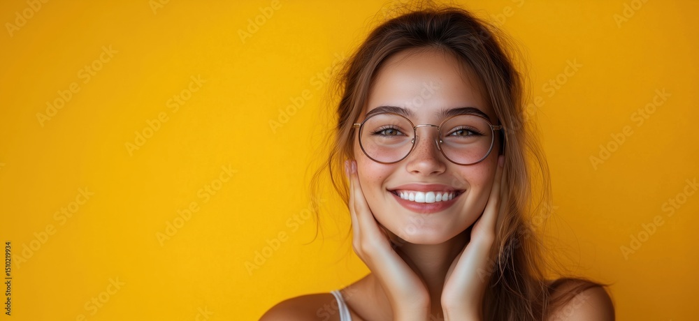 Smiling young woman with glasses against vibrant yellow background Smiling young woman with glasses against vibrant yellow background