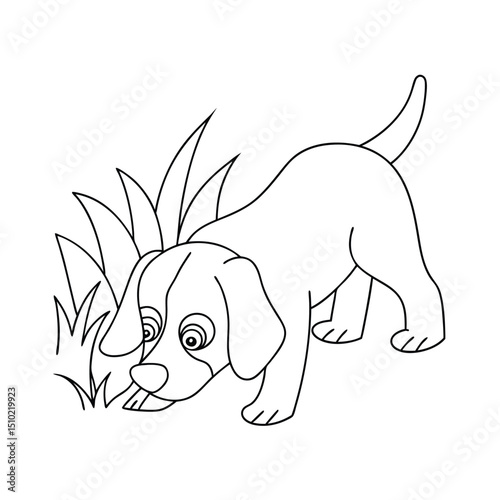 Adorable beagle puppy sniffing grass line art illustration
