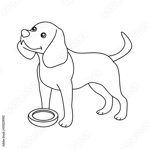 Adorable beagle dog line art illustration with bowl