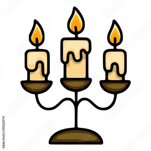 A whimsical vector illustration of a three-candle candelabra with dripping wax, featuring bold outlines and warm color palette, perfect for Halloween or autumn designs.
