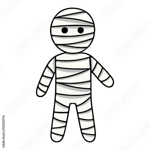 Adorable vector illustration of a cartoon mummy character, perfect for Halloween designs, featuring a simplistic style and black outline.