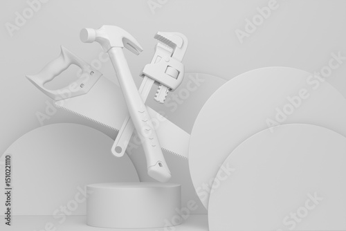 Abstract scene or podium with carpenters tools on monochrome background
