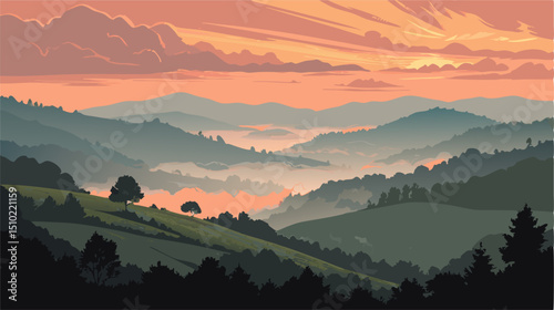 Misty Mountain Valley Sunrise Landscape Painting