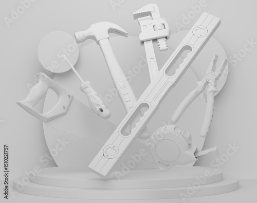 Abstract scene or podium with carpenters tools on monochrome background