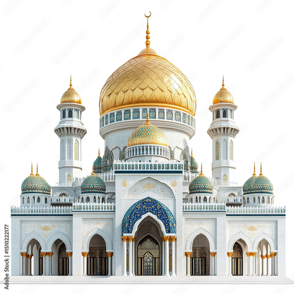 Obraz premium Front view of the Jame Asr Hassanil Bolkiah Mosque isolated on a white transparent background