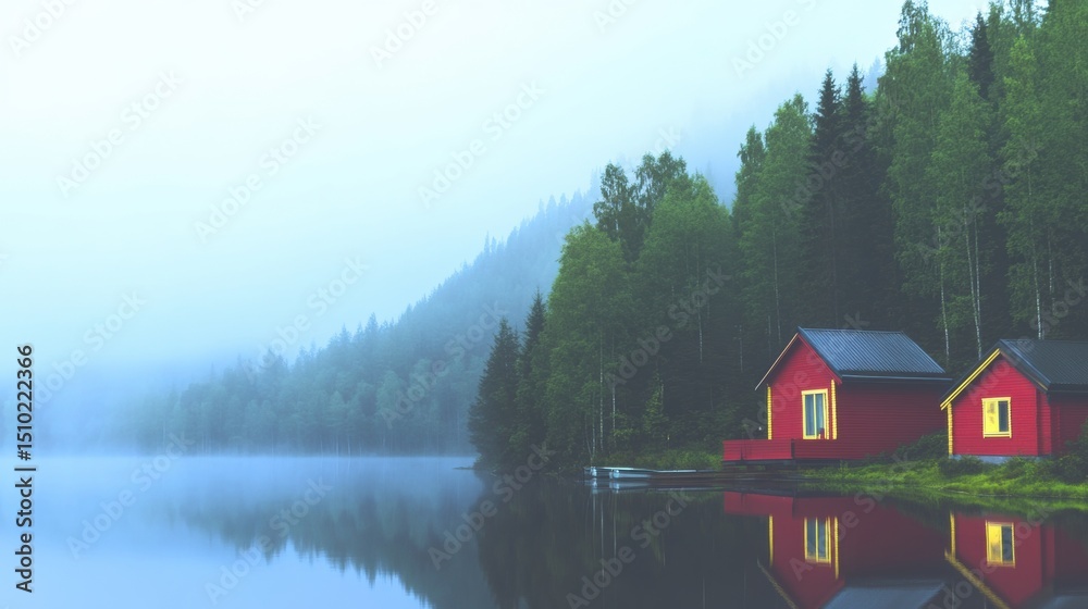 Fototapeta premium Serene red cabins by the misty lake surrounded by evergreen trees