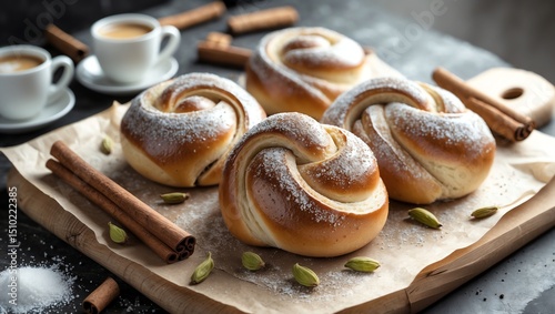 Cinnamon Buns with Coffee and Spices on Wood Board Still Life