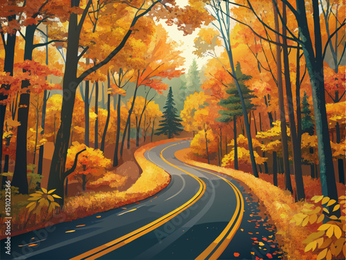 Winding Road Through Vibrant Autumn Forest