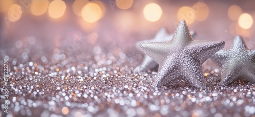 Sparkling silver stars on glittery background with soft bokeh lights