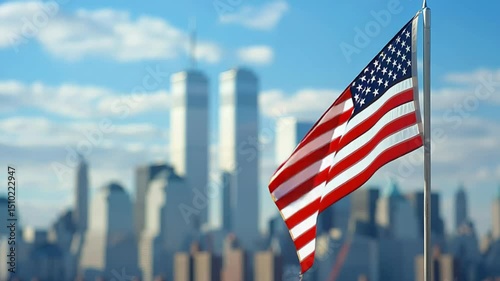 American flag fluttering with Twin Towers backdrop