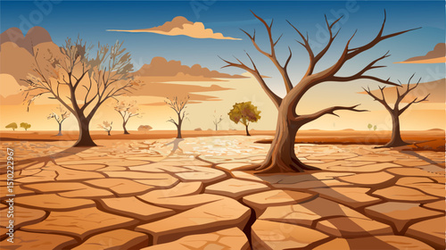 Dry cracked earth, dead trees, drought landscape illustration