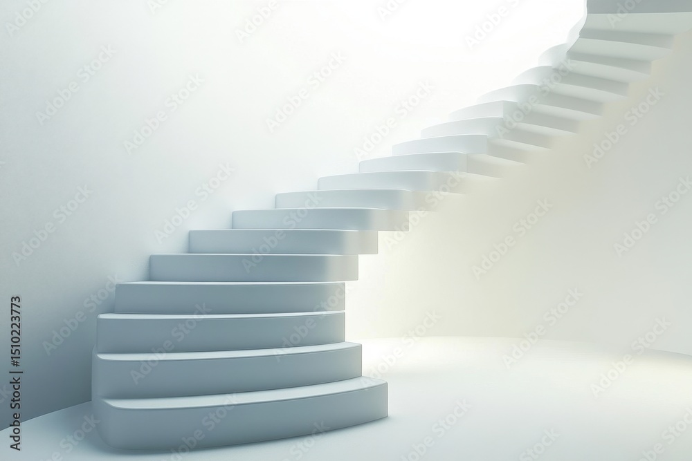 Obraz premium Ascending Steps of Progress: A minimalist portrayal of a sleek, winding staircase leading towards an unseen destination, suggesting progress and aspiration in a bright, open space.