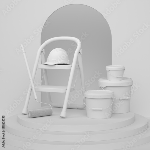 Abstract scene with folding ladder, bucket and paint roller on monochrome