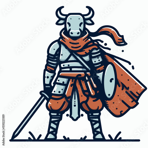 Mythical Minotaur Warrior: A bold illustration of a minotaur, the mythical creature, garbed as a courageous warrior with a sword and shield, ready for battle.