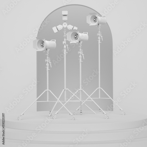 Abstract scene with photography studio flash on a lighting stand on monochrome
