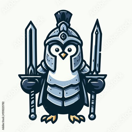 Warrior Penguin: A valiant penguin clad in gleaming armor, proudly brandishing two swords against a bright background, exuding courage and readiness.