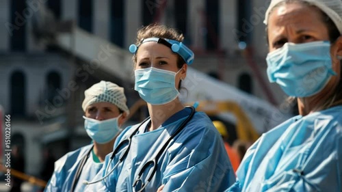 Medical staff in blue uniforms and masks standing with determination