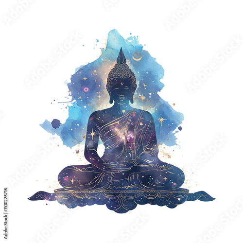 Buddha silhouette with galaxy background representing tranquility and cosmic connection in vibrant colors