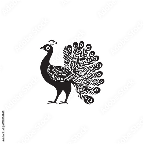 graphic image of a peacock with a spread tail, minimalism, black on a white background
