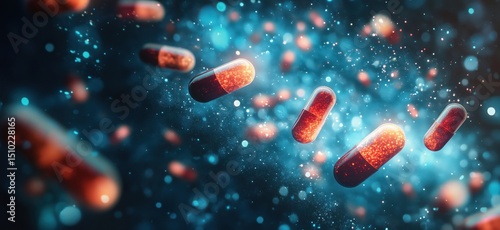 Colorful capsules floating in abstract space with glowing particles and bokeh effects