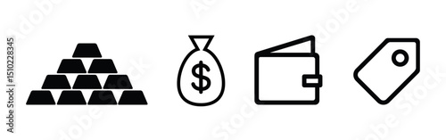 Business icons, Black icons of gold bars, money bag, wallet, and price tag