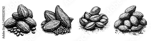 Hand-Drawn Illustration of Various Cocoa Beans and Almond Nuts