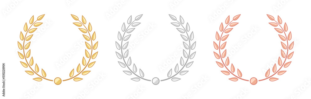 Set of gold silver and bronze laurel wreath flat icons Set of gold silver and bronze laurel wreath flat icons